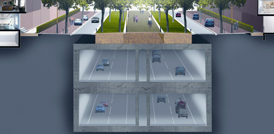 Die Konstruktionsdicke von Sohle und Aussenwänden beträgt ca. 1m. Die Zwischendecke und die obere Decke sind jeweils 0.8m dick, die Zwischenwände 0.5m. (Visualisierung: Avenue2)