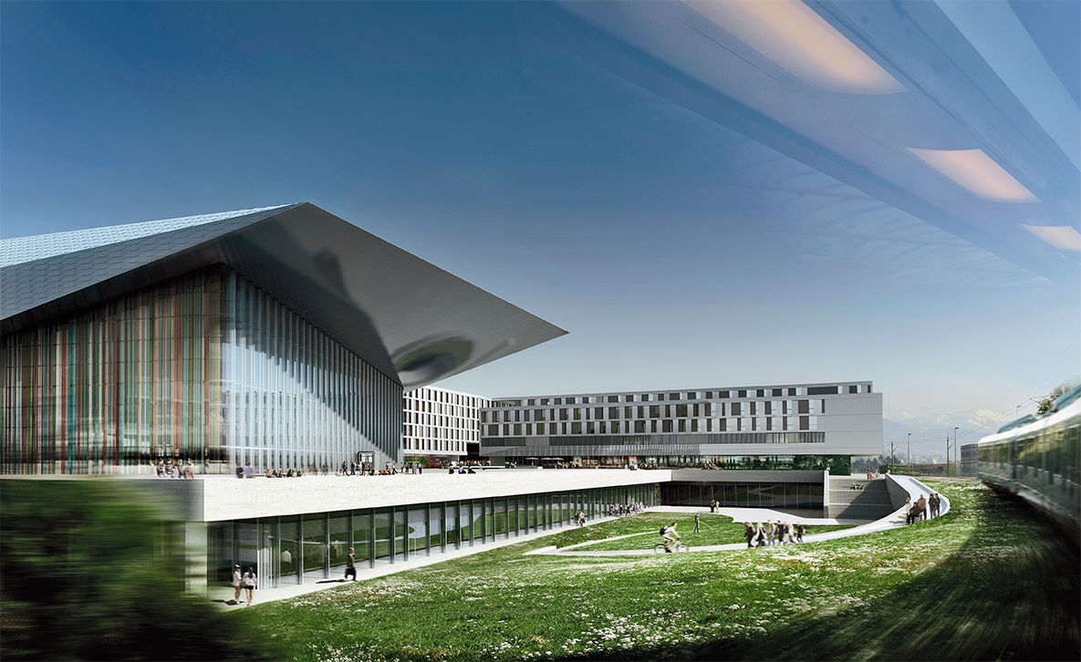 An der Stelle, wo die M1 in den Campus einbiegt, entsteht eine Zone von räumlicher und funktionaler Dichte: Urbanität zieht in den Campus ein.