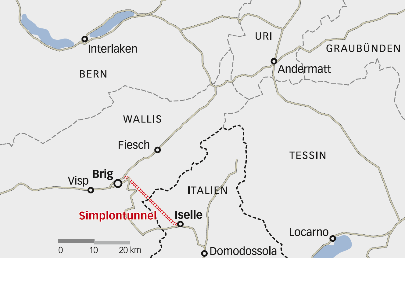 Heute ist auf der Lötschberg-Achse bis Brig die BLS für den Betrieb zuständig, im Simplontunnel zwischen Brig und Iselle die SBB und südlich von Iselle die italienische FS. (Karte: Anna-Lena Walther)