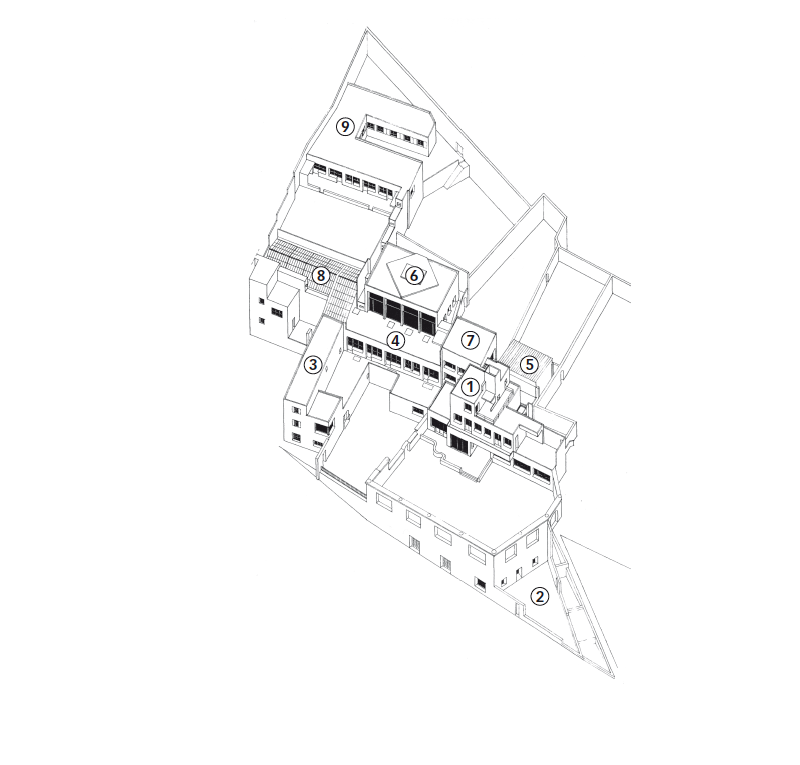 Erstes ausgeführtes Ferienhaus, kubistischer Garten, Gemeinschafts­haus, Anbau, Atelier, Hallenbad, Gymnastikhalle, Squashhalle, kleine Villa.