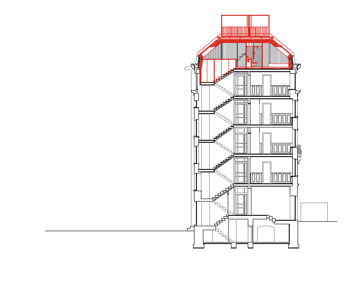 Handwerkerhaus im Seefeld: Der Dachstock des Wohnhauses an der Dufourstrasse wurde von der Traufe an ­abgerissen und durch einen räumlich grosszügigen Aufbau ersetzt. (Plan: Peter Moor Architekt)