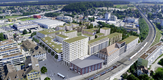Neben dem Bahnhof Lenzburg entsteht derzeit auf dem 6ha grossen ehemaligen Hero-Gelände die als 2000-Watt-Areal zertifizierte Überbauung «Im Lenz». (Visualisierung: Losinger Marazzi AG)