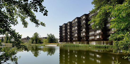 Nicht nur der Wohnbau von Morger Dettli Architekten steht dicht am Herterweiher, sondern auch der sich im Bau befindliche Wohnbau von Herzog?&amp;?de Meuron auf dem gegenüberliegenden Ufer. (Foto: Sebastian Heeb)
