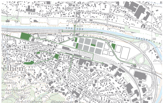Schematische Darstellung der Verwebung der «Stadtinsel» in ihr dörfliches Umfeld. (Plan: Matthias Loepfe, Quelle: HIAG Immobilien)