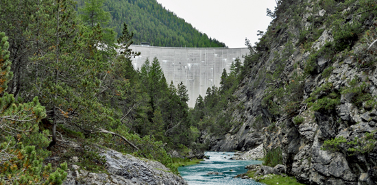 Mit dem Bau der Staumauer Punt dal Gall wurde aus dem Gebirgsbach ein ruhiges Flüsschen, das mit Restwasser aus dem Livigno-Stausee versorgt wird. (Foto: Lukas Denzler)
