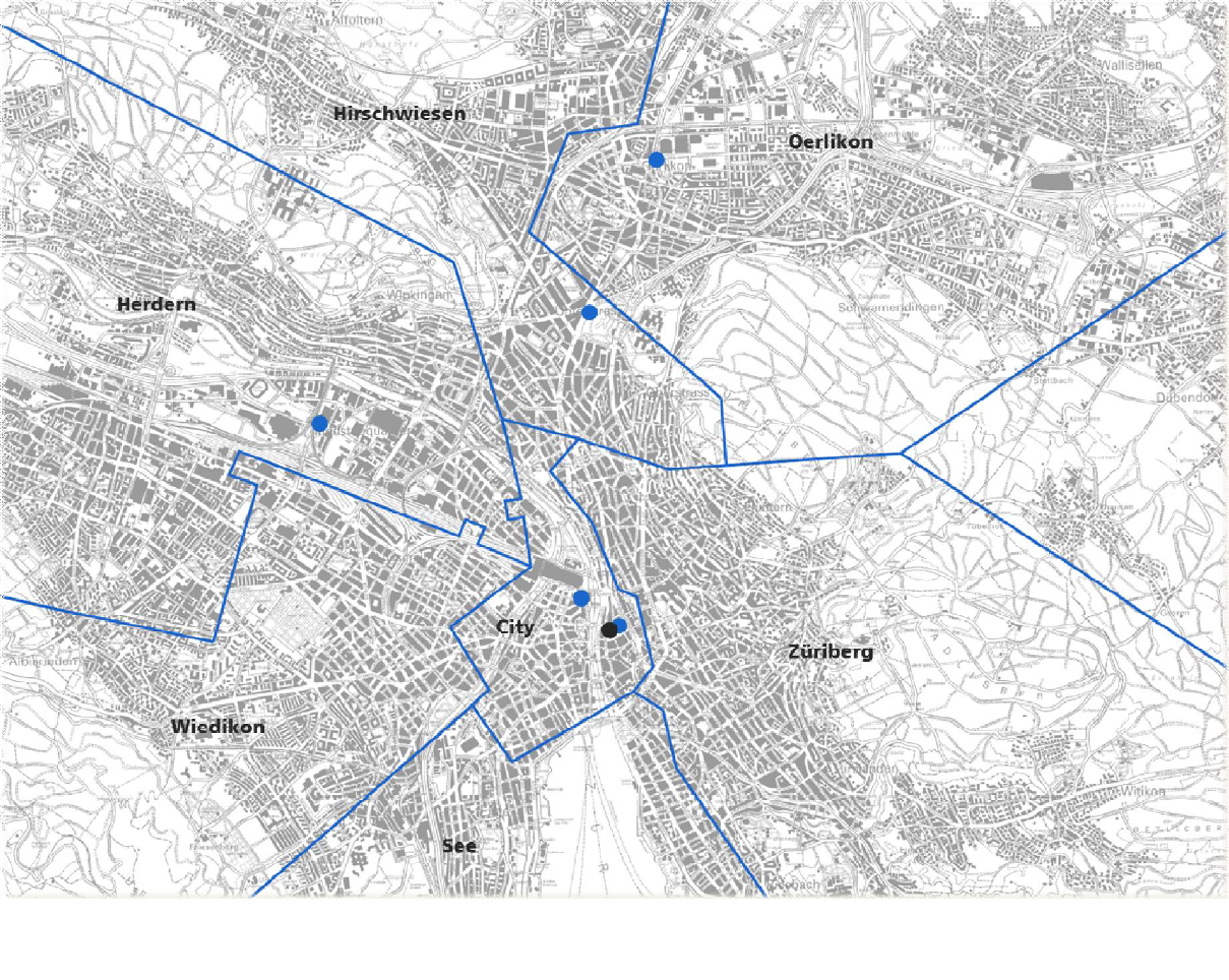 Die Stadt ist in sieben sternförmig um das Zentrum herum verteilte Gebiete eingeteilt, die durch ein umfassendes Datennetzwerk mit Kupfer- und Glasfaserkabeln verbunden werden.