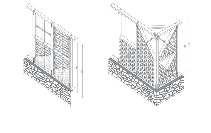 Erdbebensicher bauen mit einfachen Techniken und lokalen Materialien. Links: Wandelemente mit geringer aussteifender Wirkung und duktilem Verhalten. Aufbau mit geflochtenem Holz, verkleidet mit einer Mischung aus Erde, Sand und Faser. Rechts: Wandelemente