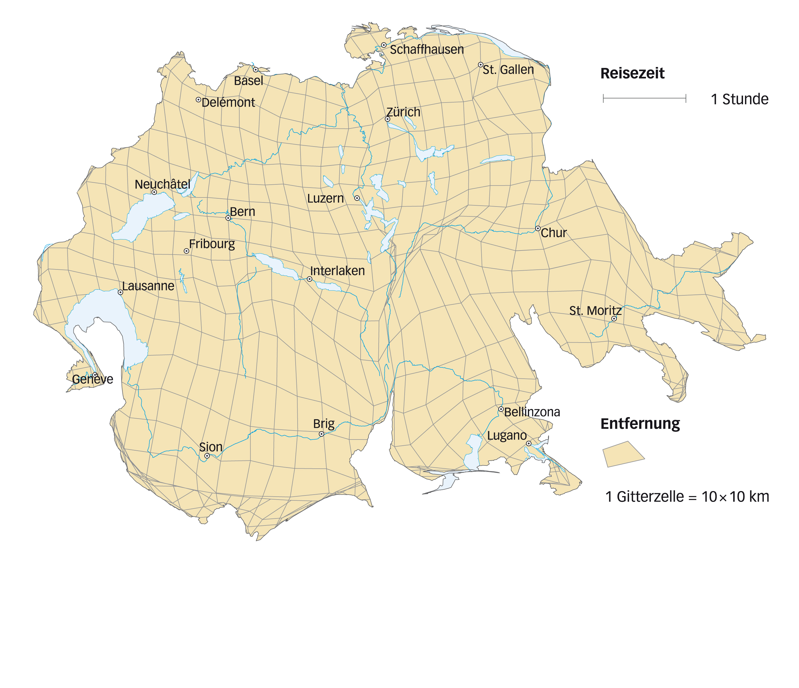 Reisezeiten 1950. Die Schweizer Karte einmal anders: Hier sind die natürlichen Distanzen in Reisezeiten auf der Strasse umgerechnet worden mit dem Ergebnis, dass das Mittelland deutlich geschrumpft ist. Der Vergleich der Karten (nächste Abbildungen) zeigt, dass sich die Reise­zeiten auf der Strasse in den ver­gangenen 50 Jahren halbiert haben. Der Nullpunkt der Umskalierung ist Bern. Die Bezugslinie verbindet Genf und St.?Moritz. )