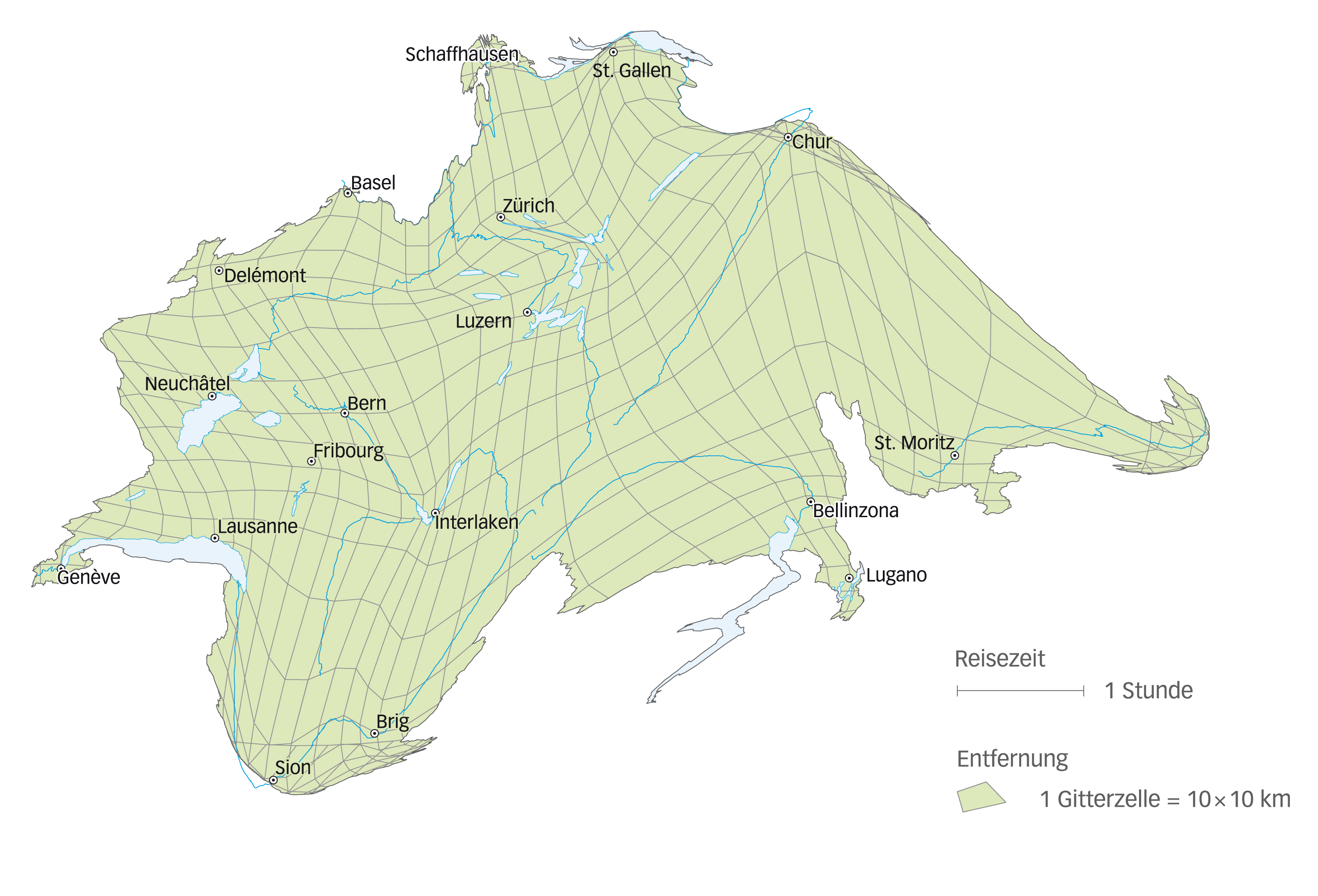Der Vergleich der reisezeitskalierten Karten von 1950 (diese Abbildung) und 2000 (nächste Abbildung) zeigt die Schrumpfung der Schweiz beim Schienenverkehr. Die geografischen Koordinaten wurden auf Grund­lage der Reisezeiten im öffentlichen Verkehr zwischen einer Auswahl an Gemeinden in ­«Zeit-Koordinaten» umgerechnet. )