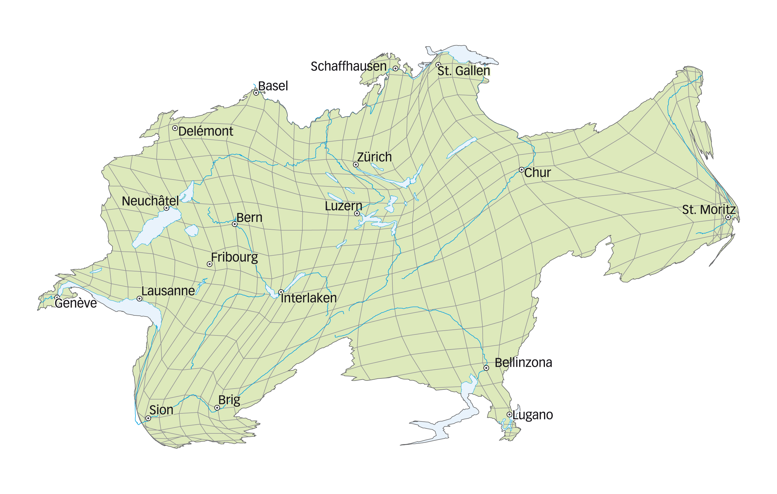 Reisezeitskalierte Karte von 2000: Die Ent­fernungen in der Karte entsprechen den Reisezeiten. Der Nullpunkt der Umskalierung ist Bern. Die Bezugslinie verbindet Genf und St.?Moritz. Der Massstab ist identisch. ).