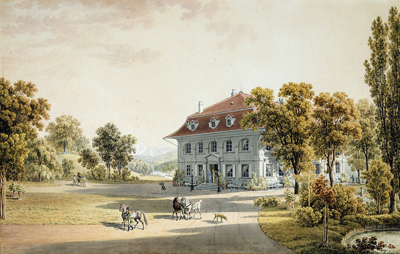 Stich der Villa Elfenau, auf dem aus derselben Perspektive die landschaftliche Überhöhung mit Bergpanorama darstellt ist. (Stich: Hager Partner AG)