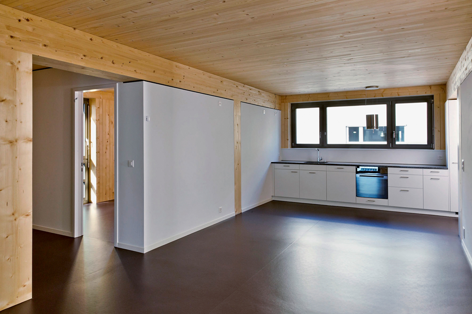Sichtbare Materialisierungsvielfalt in Holzbauweise (oben: Haus J). (Foto: Nikolaus Spoerri)