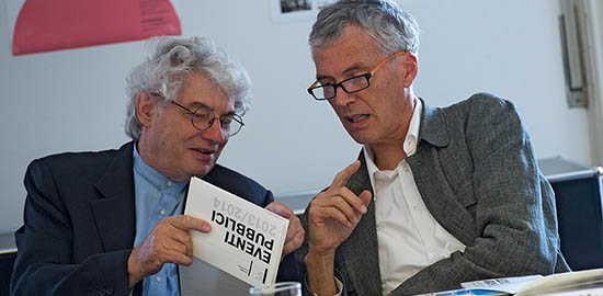 Mario Botta, direttore uscente dell'Accademia di architettura, e il nuovo direttore Marc Collomb. (Foto: Ti-Press / Gabriele Putzu)