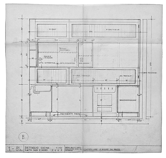 Dettaglio cucina, 2° 4° 6°P., lato sud e nord, 1:10. Sezione, s.d. (Arch. Peppe Brivio, ing. Alessandro Rima, Casa Albairone; Disegni: Archivi Architetti Ticinesi, Fondo Peppo Brivio)