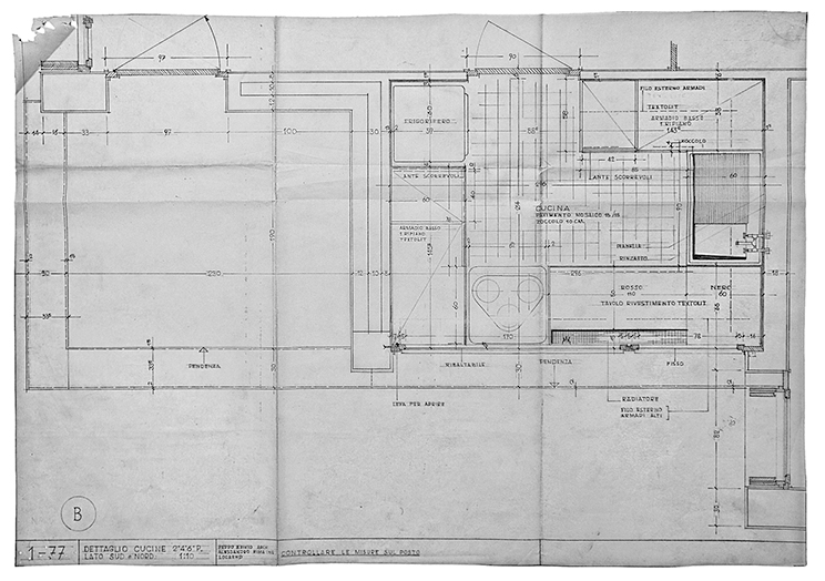 Dettaglio cucine, 2° 4° 6°P., lato sud e nord, 1:10. Pianta s.d. (Arch. Peppe Brivio, ing. Alessandro Rima, Casa Albairone; Pianta: Archivi Architetti Ticinesi, Fondo Peppo Brivio)