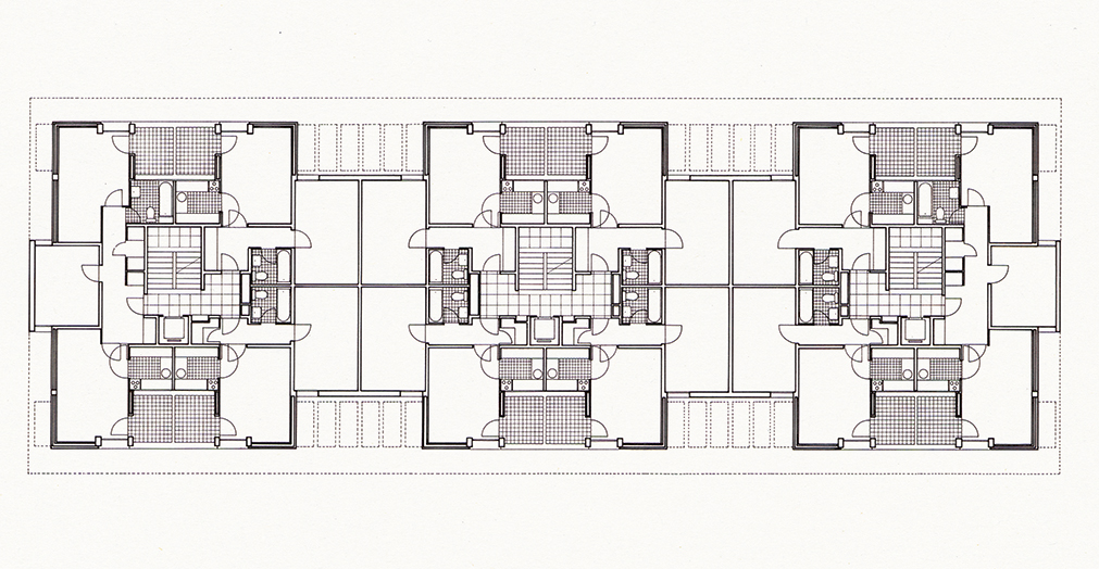 Pianta tipo di Casa Albairone, Peppo Brivio, Lugano-Massagno, 1955-1956 (Pianta: tratta da Ch. Dill, Peppo Brivio. Casa Cate. Albairone, ETH Zurigo 1997)