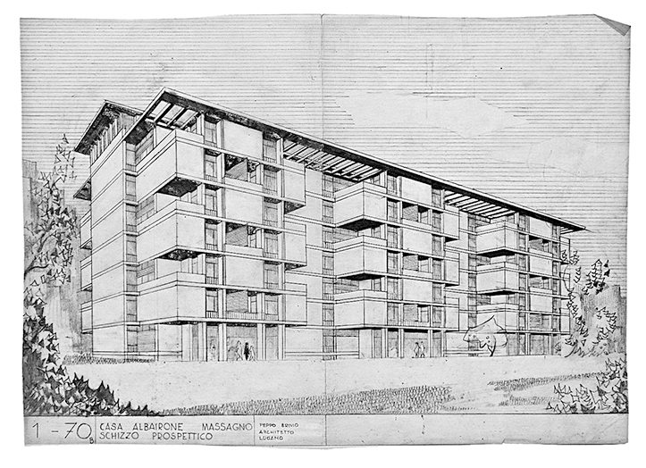 Schizzo prospettico, Peppo Brivio, Casa Albairone, Massagno (Arch. Peppo Brivio, ing. Alessandro Rima; Disegni: Archivi Architetti Ticinesi, Fondo Peppo Brivio)