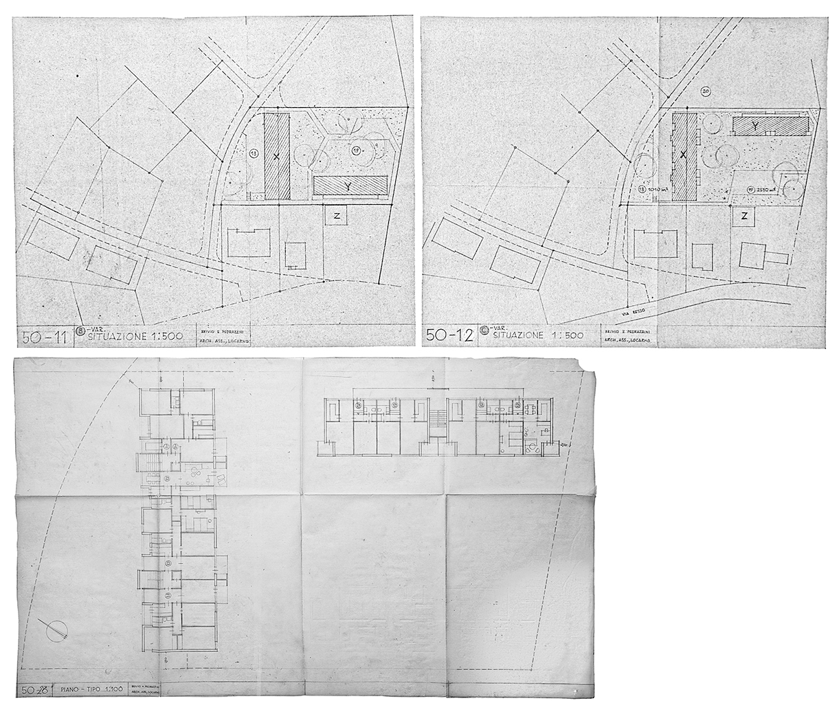 Genesi della soluzione planimetria, 1° fase: 50-11. B-VAR, Situazione ; 50-12. C-VAR, Situazion ; 50-28. Piano-tipo (Arch. Brivio e Pedrazzini, ing. Alessandro Rima; Disegni: AAT, Fondo Peppo Brivio)