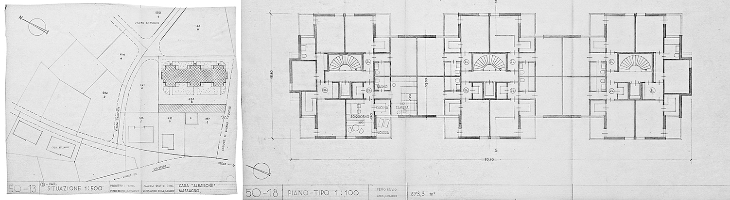 Genesi della soluzione planimetria, 3° fase: 50-13. D-VAR, Situazione; 50-18. Piano-tipo (Arch. Brivio e Pedrazzini, ing. Alessandro Rima; Disegni: AAT, Fondo Peppo Brivio)