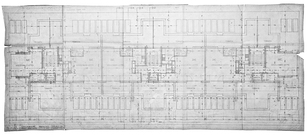 Genesi della soluzione planimetria, disegno esecutivo definitivo: Piano arretrato, Casa Albairone, Massagno (Arch. Peppo Brivio, ing. Alessandro Rima; Disegni: Archivi Architetti Ticinesi, Fondo Peppo Brivio)