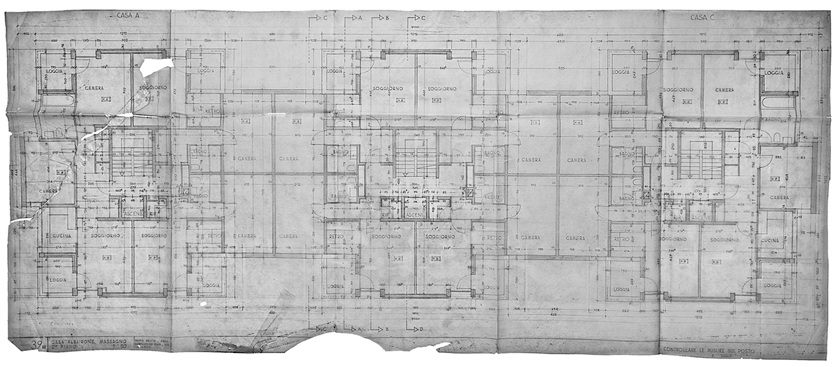 Genesi della soluzione planimetria, disegno esecutivo definitivo: 2° Piano, Casa Albairone, Massagno (Arch. Peppo Brivio, ing. Alessandro Rima; Disegni: Archivi Architetti Ticinesi, Fondo Peppo Brivio)