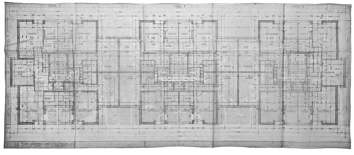 Genesi della soluzione planimetria, disegno esecutivo definitivo: 1°+3° Piano, Casa Albairone, Massagno (Arch. Peppo Brivio, ing. Alessandro Rima; Disegni: Archivi Architetti Ticinesi, Fondo Peppo Brivio)