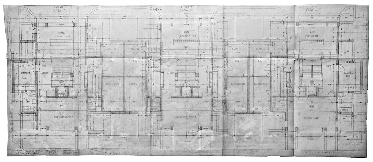 Genesi della soluzione planimetria, disegno esecutivo definitivo: Pianterreno, Casa Albairone, Massagno (Arch. Peppo Brivio, ing. Alessandro Rima; Disegni: Archivi Architetti Ticinesi, Fondo Peppo Brivio)