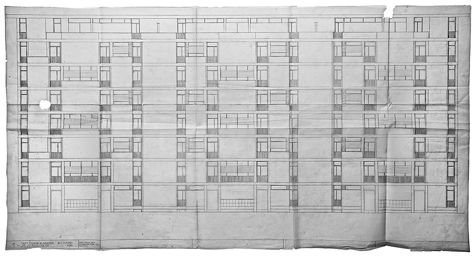 Genesi della soluzione planimetria, disegno esecutivo definitivo: Facciata est, Casa Albairone, Massagno (Arch. Peppo Brivio, ing. Alessandro Rima; Disegni: Archivi Architetti Ticinesi, Fondo Peppo Brivio)