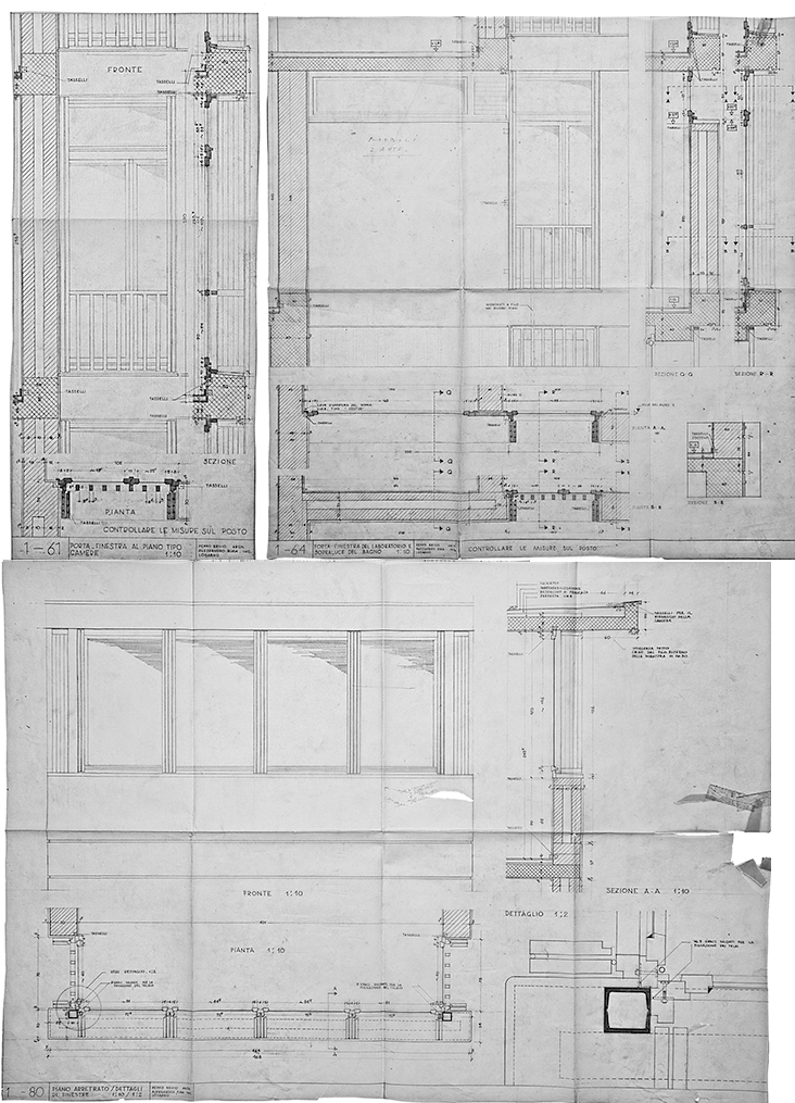 Dettagli finestre: 1-61. Porta-finestra al piano tipo, Camere; 1-64. Porta-finestra del laboratorio e sopraluce del bagno; 1-80. piano arretrato / dettagli di finestre (Arch. Peppo Brivio, ing. Alessandro Rima; Disegni: Archivi Architetti Ticinesi, Fondo