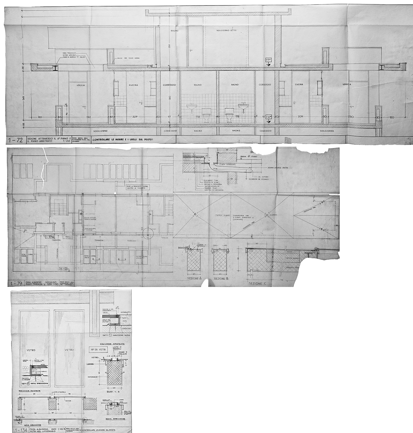 Dettagli lucernari: 1-72. Sezione attraverso il 6° piano e il piano arretrato; 1-79. Casa Albairone, Massagno, Piano terrazza + tetto; 1-134. Casa Albairone, Vetri nel lucernario (Arch. Peppo Brivio, ing. Alessandro Rima; Disegni: Archivi Architetti Ticin