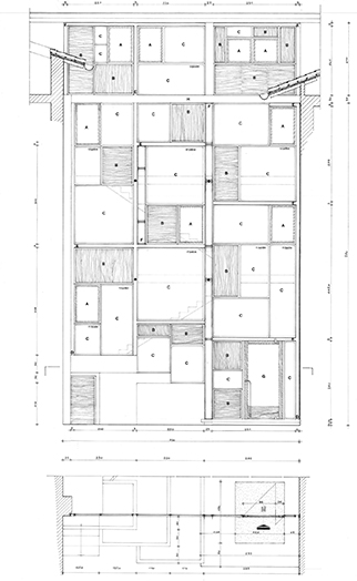 Pianta e prospetto di dettaglio della vetrata delle scale, Luciano Brunella, P.I. Leone Morello, ristrutturazione nel centro storico, piazza G. Carducci, Varese 1971-75