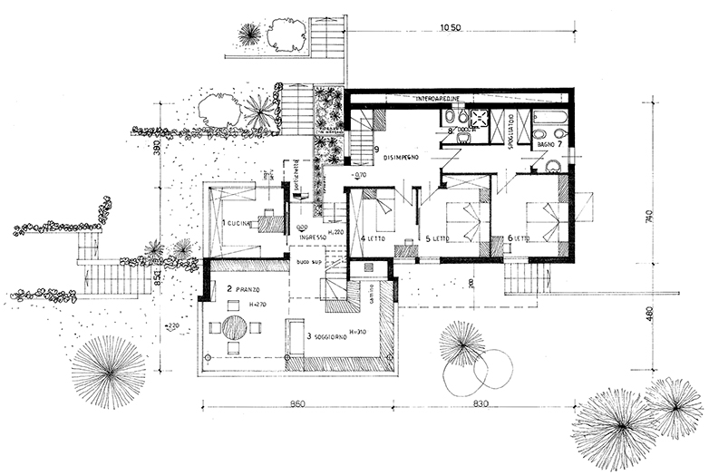 Pianta del livello inferiore con la zona giorno, Luciano Brunella, villa in via S. Albino, Varese 1974-75
