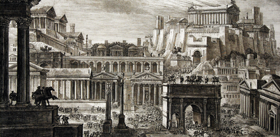 Parte del Foro Romano e Monte Capitolino col Tempio di Giove, 1827-1829, t. III, tav. / pl. 11, acquaforte, 56 x 81 cm, Roma, Biblioteca di Archeologia e Storia dell Arte. Pubblicata sul catalogo della mostra Luigi Rossini (1790-1857) incisore. Il viaggio
