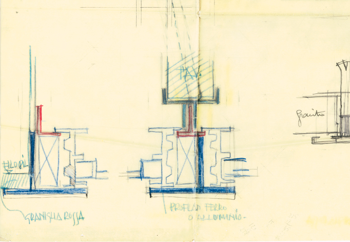 Vico Magistretti, dettaglio di un disegno di studio del modulo di facciata. (Foto: Fondazione Magistretti, Milano)