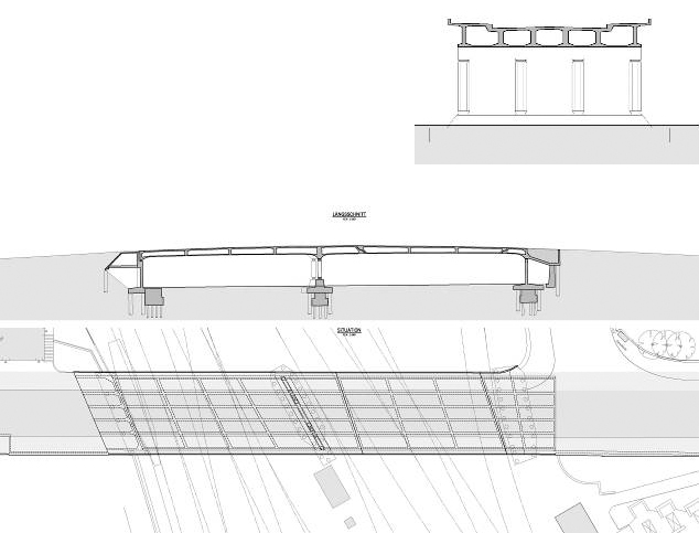 Struttura in calcestruzzo del ponte esistente. (Pianta: Guscetti &amp; Tournier ingénieurs; Brauen + Wälchli architecture)