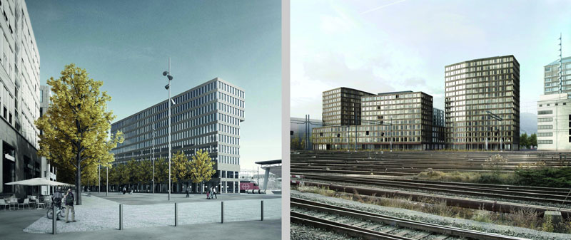 Ansichten der Projekte auf Baufeld B von Stücheli Architekten (links) und Baufeld F von Boltshauser Architekten (rechts).