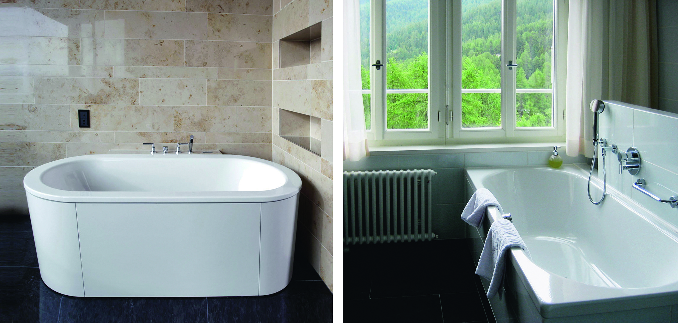 Entkoppelt eingebaute Wanne. Bild links: Hotel Dolder, Zürich (Foster + Partners/Itten + Brechbühl); rechts: Hotel Waldhaus, Sils-Maria (Miller &amp; Maranta)