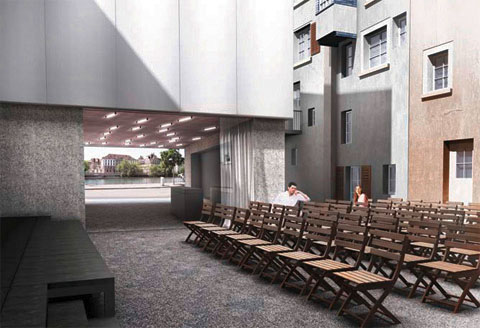 Florian Strohmayer, ETHZ, Frühlingssemester 2011, Lehrstuhl Dietmar Eberle: Studio-Theater Limmatquai 98, Zürich | Ein gelungener Einbau in den Hinterhof. Es entsteht Spannung zwischen dem «weichen Kern» in der Lücke und den «harten Randbauten». Der provisorisch wirkende Vorschlag spielt mit der Sinnlichkeit der textilen Fassadenverkleidung. Das Material verweist auf das Thema des Kleintheaters und wird im Innern wiederholt