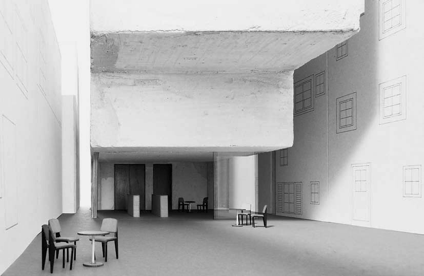 Georg Krummenacher, ETHZ, Frühlingssemester 2011, Lehrstuhl Christian Kerez: Studio-Theater Limmatquai 98, Zürich | Ein überraschendes Projekt mit einem strengen formalen Ausdruck, präzis in die Baulücke eingefüllt, ohne gestalterische Anpassungen an die bestehende Bebauung des Limmatquais, sondern eine kompromisslos moderne Ergänzung der Silhouette. Der Hof wird durch den Einbau einbezogen und aufgewertet