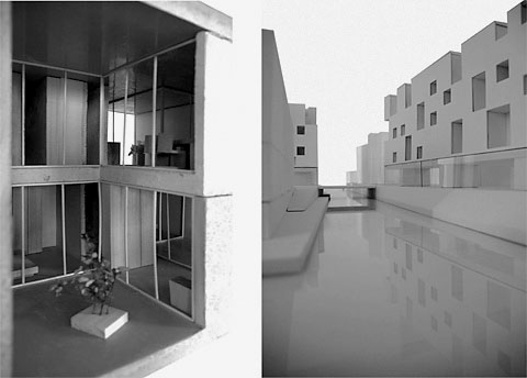 Catharina Märk, Accademia di Architettura di Mendrisio, Atelier Francisco Aires Mateus, Manuel Aires Mateus: Kingsland Road Waterfront Housing and Canal Side Access | An der Kreuzung der Londoner High Street mit zwei Kanälen sind die freien Grundstücke schmal und lang gestreckt und weisen enge Bezüge zur Strasse und zu den Kanälen auf. Die beiden Häuser beziehen eine entschiedene, fast bildhauerische Position, die gleichzeitig schwebend wirkt