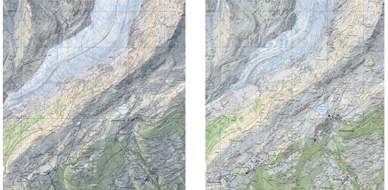 Zeitreise: Links der Aletschgletscher im Jahr 1975, rechts 2005.