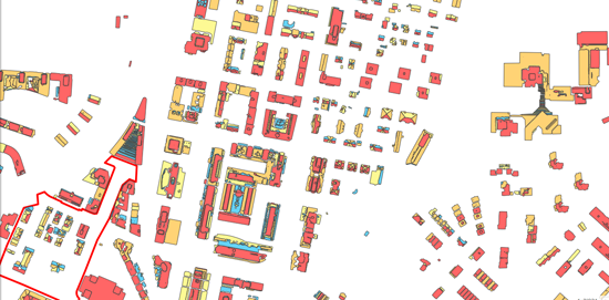Zugis.ch: Die Farbe der Dachfläche gibt Auskunft, ob sie sich sehr gut (rot), gut (orange), mässig (gelb) oder schlecht (blau) für die solare Nutzung eignet.