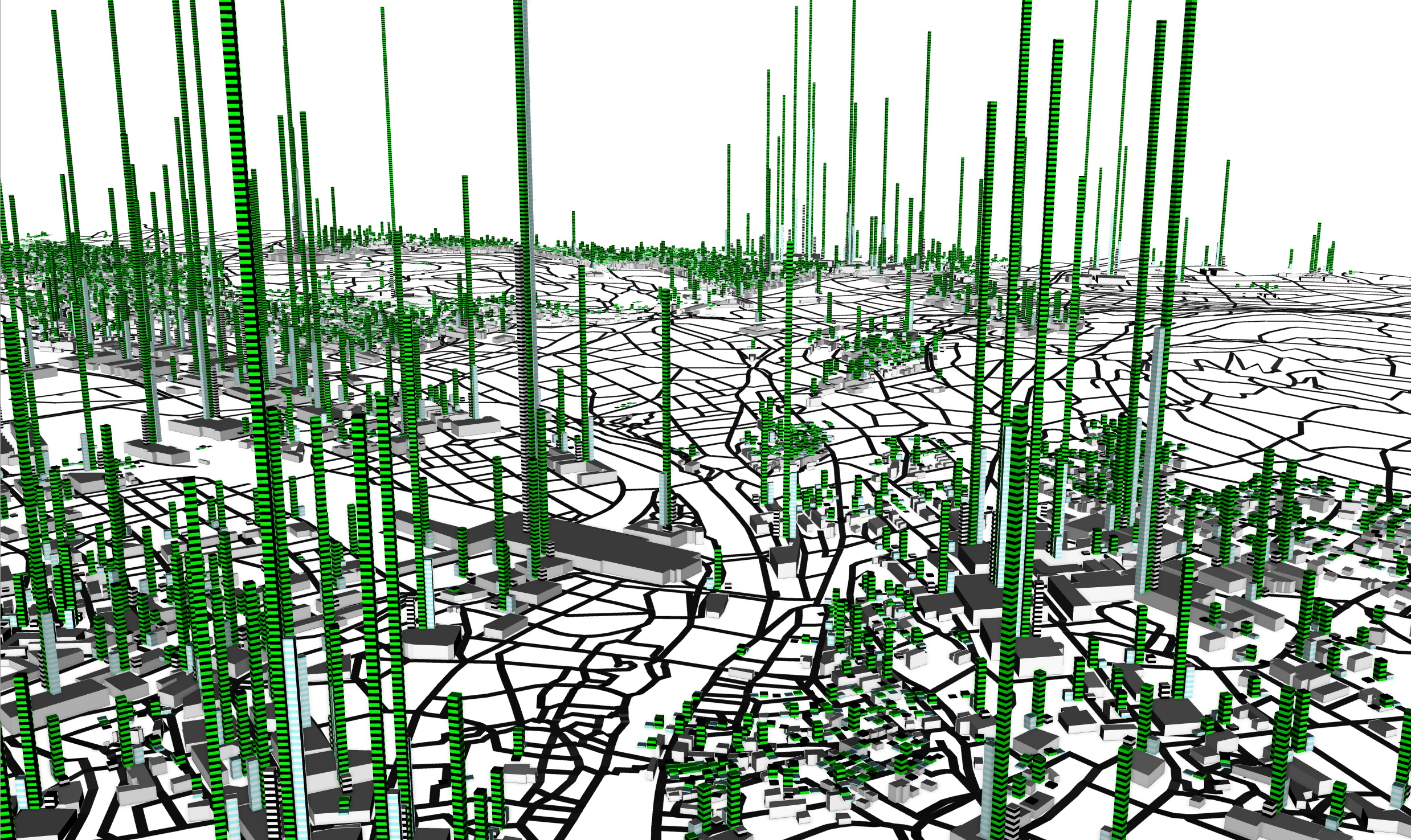 Topografische 3D-Visualisierung der erwarteten jährlichen CO2-Emissionen von Gebäuden in der Stadt Zürich (Grafik: Jan Halatsch, ETH Zürich)