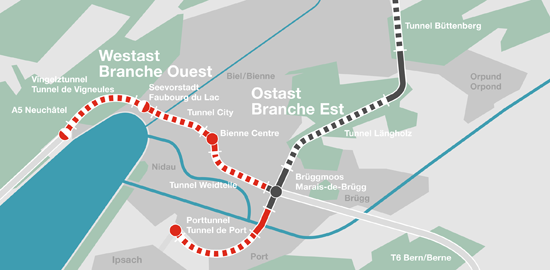 Der Westast der N5 verbindet die Verzweigung Brüggmoos mit der bestehenden Autostrasse am linken Bielerseeufer. Zum Westast gehört auch der Zubringer rechtes Seeufer mit dem Porttunnel. Der Ostast ist seit 2007 im Bau und wird 2017 in Betrieb genommen.