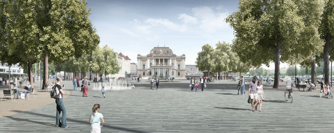 Der umgestaltete Sechseläutenplatz in Zürich (Visualisierung: raumgleiter/vetschpartner)