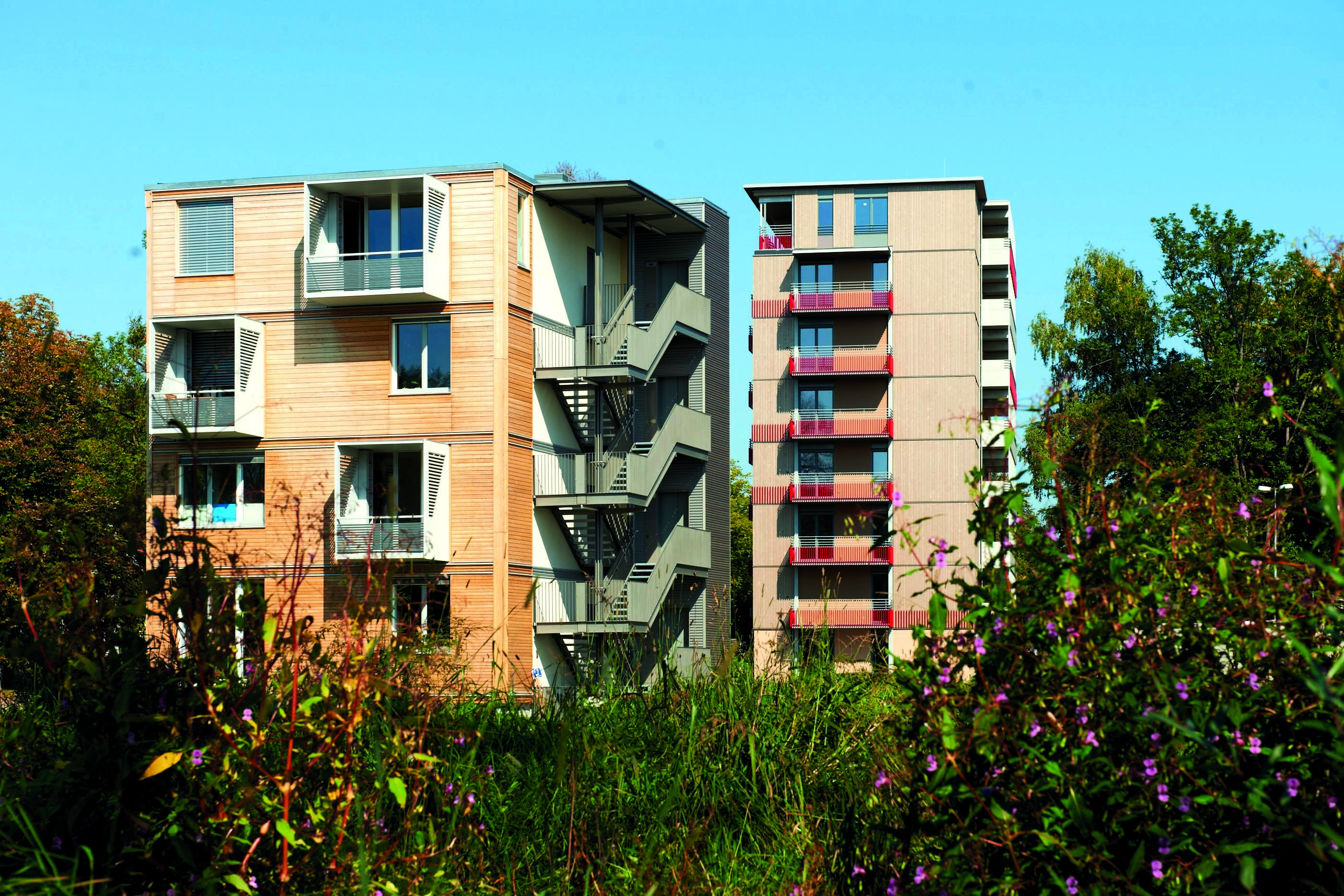Unter der Regie eines Wohnungsbauunternehmens entstanden in Bad Aibling bei Rosenheim ein vier- und ein achtgeschossiges Wohngebäude in Holzbauweise. Baujahr 2012. Schankula Architekten, München; Tragwerksplanung: bauart Konstruktion, München. (Foto: Hube