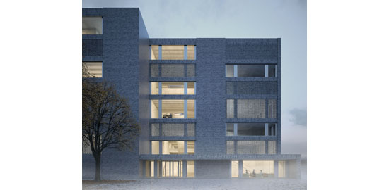 Siegerprojekt «echea»: Die Fassade aus grauen Klinkersteinen unterstützt die nachhaltige Absicht, ein Bauwerk zu erstellen, das über viele Jahre hinweg weiter an Ausdrucksstärke gewinnen soll.