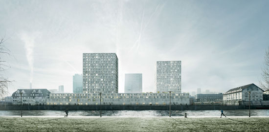 Das Siegerprojekt schlägt einen Gebäudekomplex mit zwei Hochhaustürmen entlang der Limmat vor.