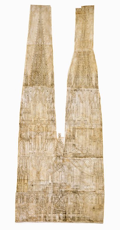Ansicht der Westfassade des Kölner Doms. Architektur und Zeichnung: Meister Arnold um 1280. 166.5?×?406.5 cm, Eisengallustinte auf Pergament, Bauzeit: 1248 1880. (Bild: Dombauarchiv Köln, Matz und Schenk)