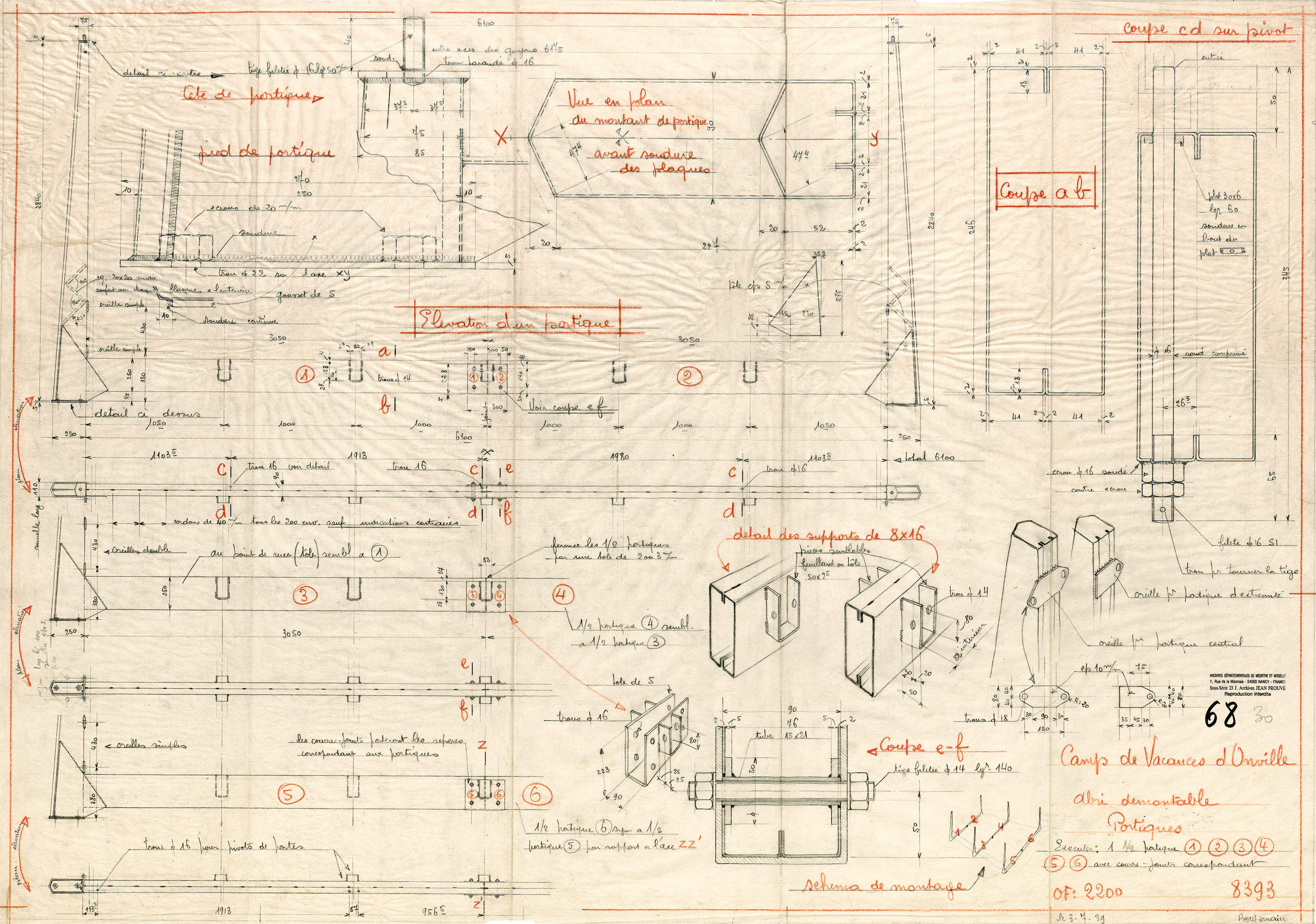 Kapitel «Bauanleitung», Jean Prouvé, Detailplan Ferienhaus Onville, Frankreich, 1939. Papierformat: 100 x 71 cm, Zeichentechnik: Bleistift und Farbstift auf Transparentpapier. Planinhalt: Grundrisse, Schnitte und Perspektiven, 3.7.1939. Gezeichnet von Jea